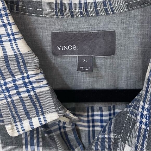 VINCE Long Sleeve Button Up Plaid Shirt Blue White Gray Men’s Size XL - Picture 4 of 6